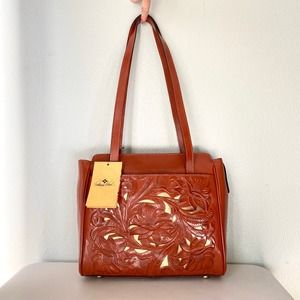 NWT Patricia Nash Rosedale Tote Cinnamon Burnished Tooled Leather Cutouts Large